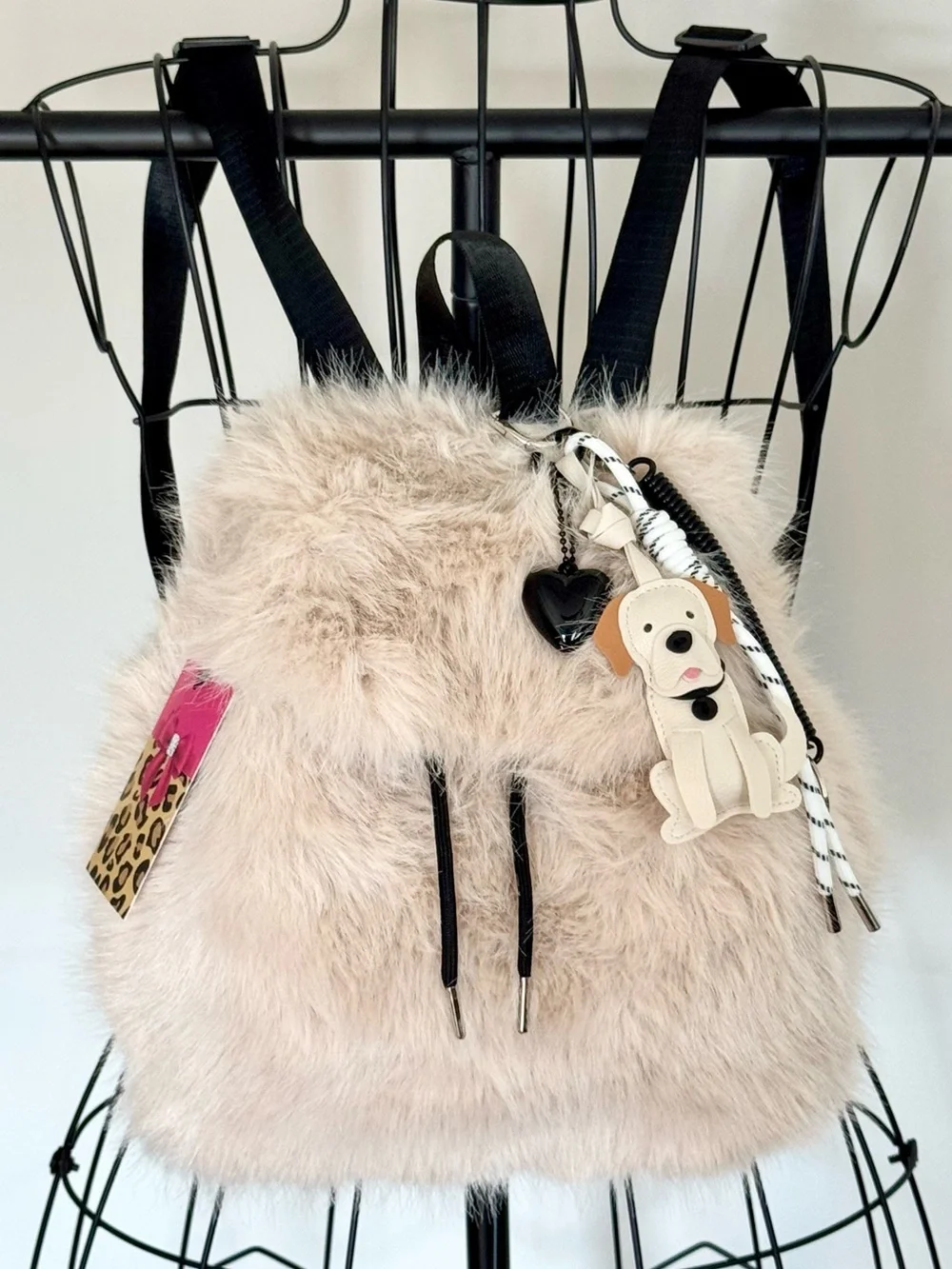 New Women’s Cream Color Soft Faux Fur Mini Backpack Purse w/ Dog Bag Charm